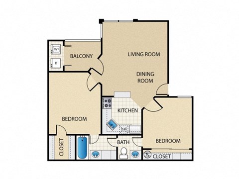 Floor plan for 2 beds, 1 bath, 719 sqft